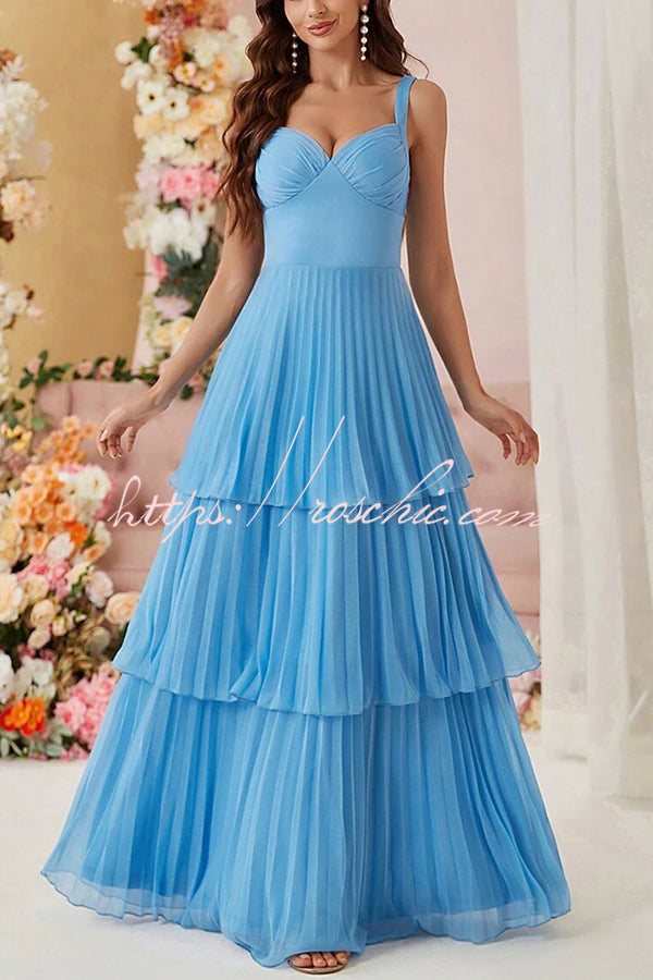 Solid Color Elegant Multi Layered Pleated Wide Shoulder Strap Maxi Dress