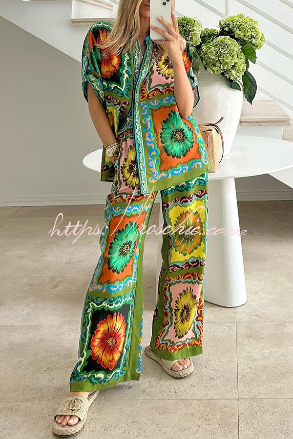 Disco Daisy Unique Printed Colorblock Elastic Waist Pocket Pants Set