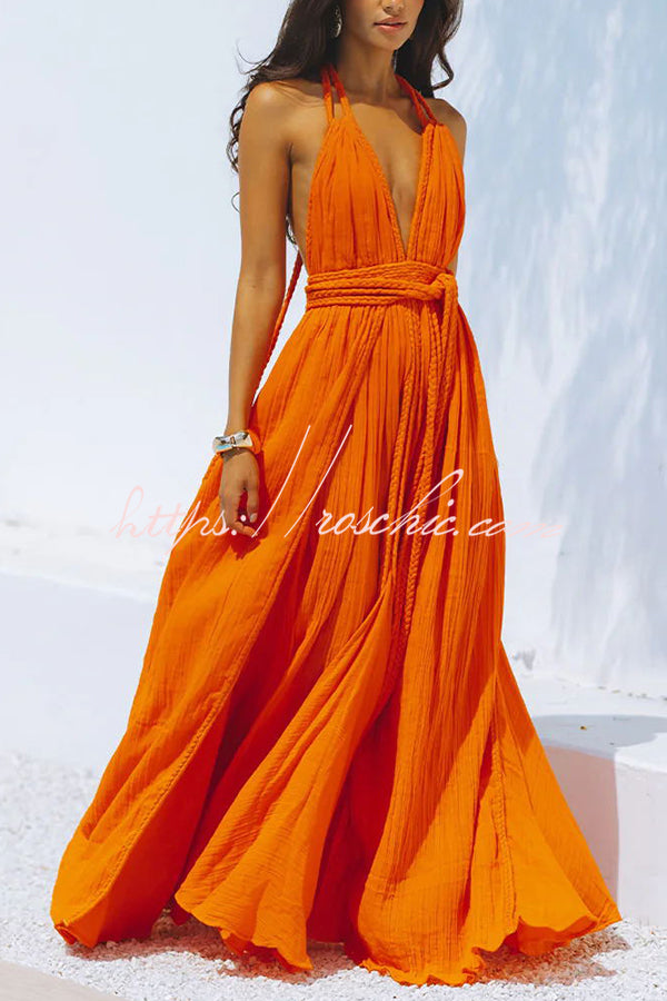 Summer Whispers Linen Blend Draped Braids Deep V-neck Halter Backless roschic Summer Whispers Linen Blend Draped Braids Deep V-neck Halter Backless roschic