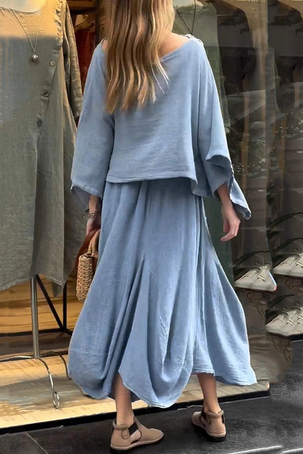 Solid Color Loose Round Neck Top and Elastic Waist Tie Casual Maxi Skirt Set