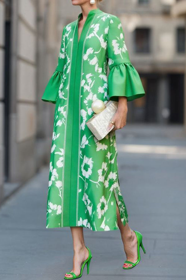 Unique Print Loose V-Neck Casual Holiday Maxi Dress, Green / XL Unique Print Loose V-Neck Casual Holiday Maxi Dress, Green / XL