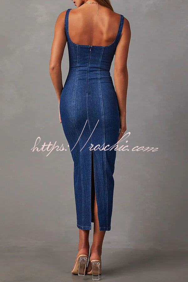 Warren Suspender Back Zipper Denim Maxi Dress