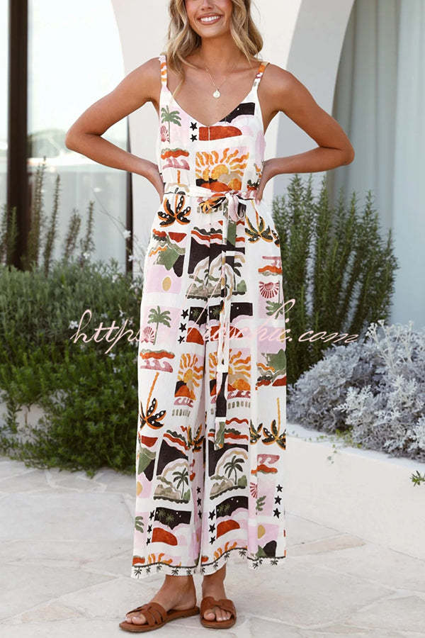Unique Beach Vacation Print V-neck Suspenders Casual Wide-leg Jumpsuit