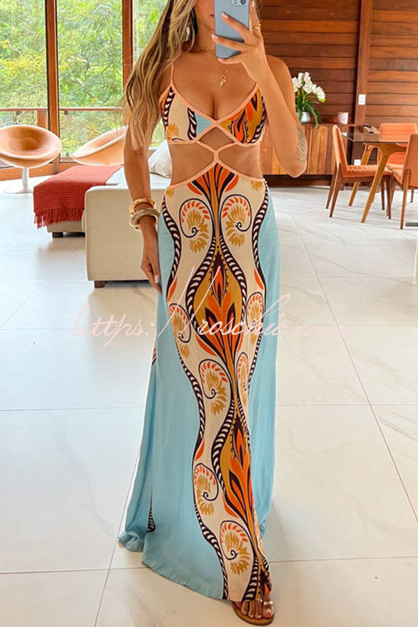 Summer Symphony Linen Blend Ethnic Unique Print Cutout Waist Back Tie-up Maxi Dress, Blue / XL Summer Symphony Linen Blend Ethnic Unique Print Cutout Waist Back Tie-up Maxi Dress, Blue / XL