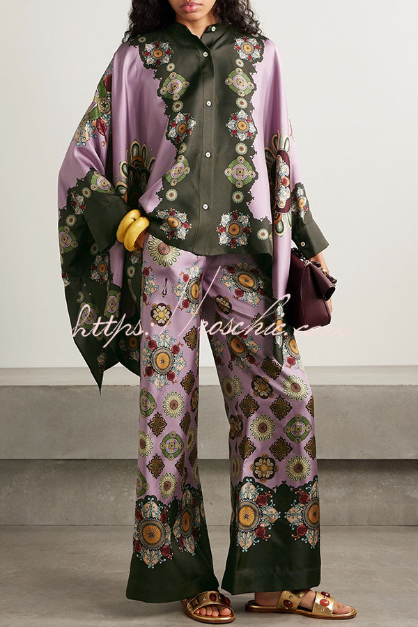 Satin Unique Print Loose Batwing Sleeve Top and Elastic Waist Pocket Casual Wide-leg Pants Set