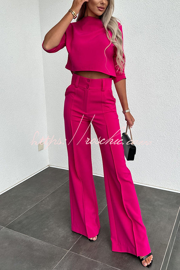 Luisa High Neck Half Sleeve Crop Top and High Rise Pocketed Flare Pants Set