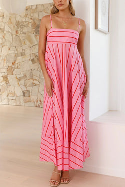 casual spaghetti strap maxi dress Striped Printed Spaghetti Strap Sleeveless Back Pleated Casual Maxi D –  roschic