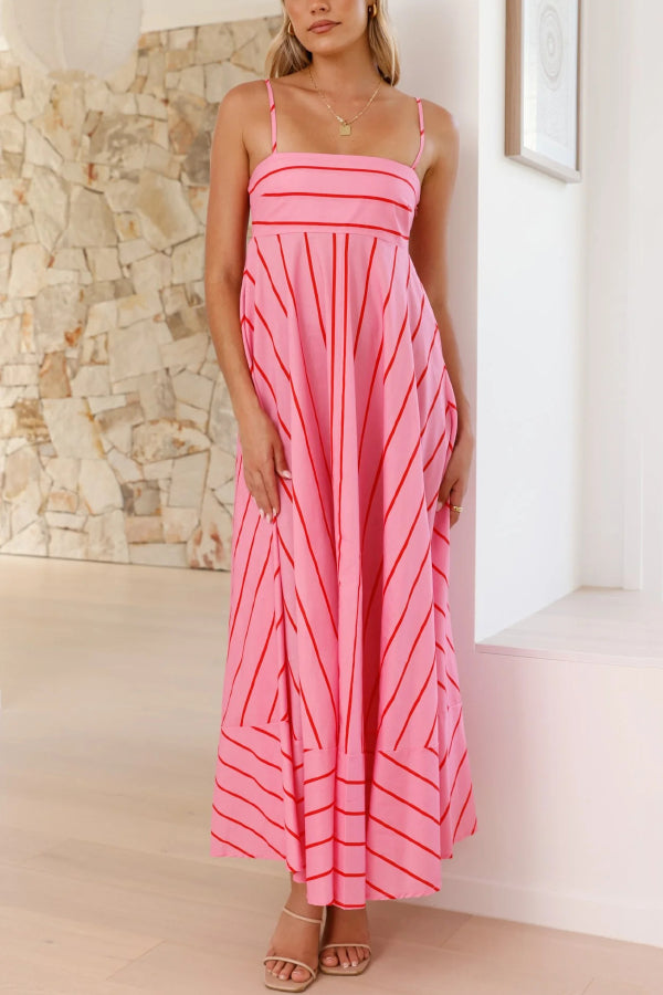 pink casual maxi dress Striped Printed Spaghetti Strap Sleeveless Back Pleated Casual Maxi D –  roschic