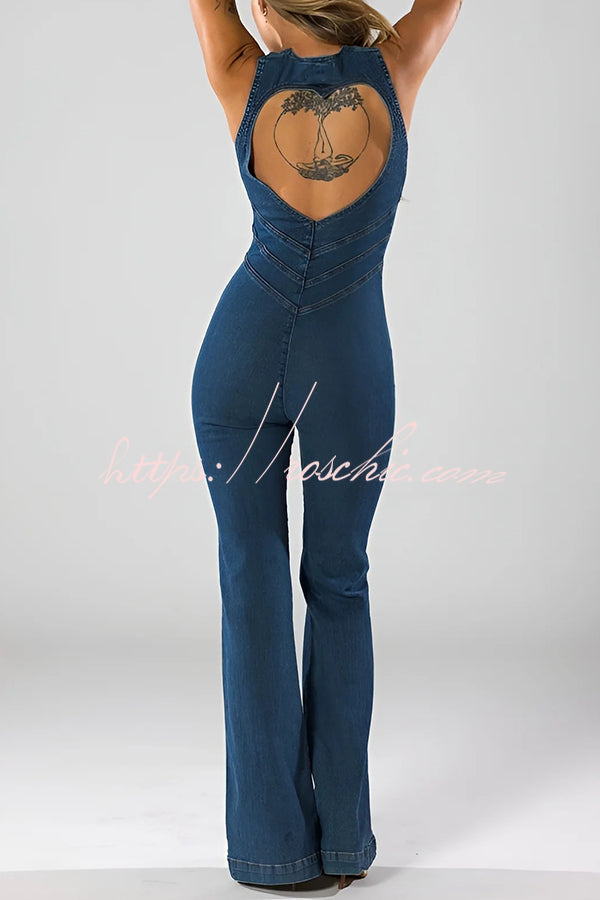 Fashionable Heart Hollow Back Slim High Waist Flared Denim Jumpsuit