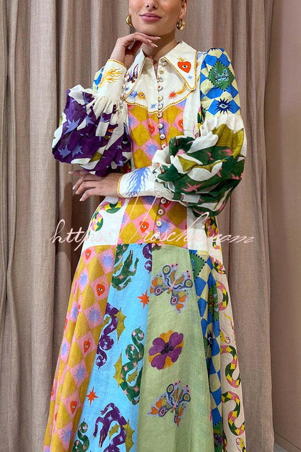 Bold and Chic Irregular Unique Print Balloon Sleeve Belt Shirt Midi Dress