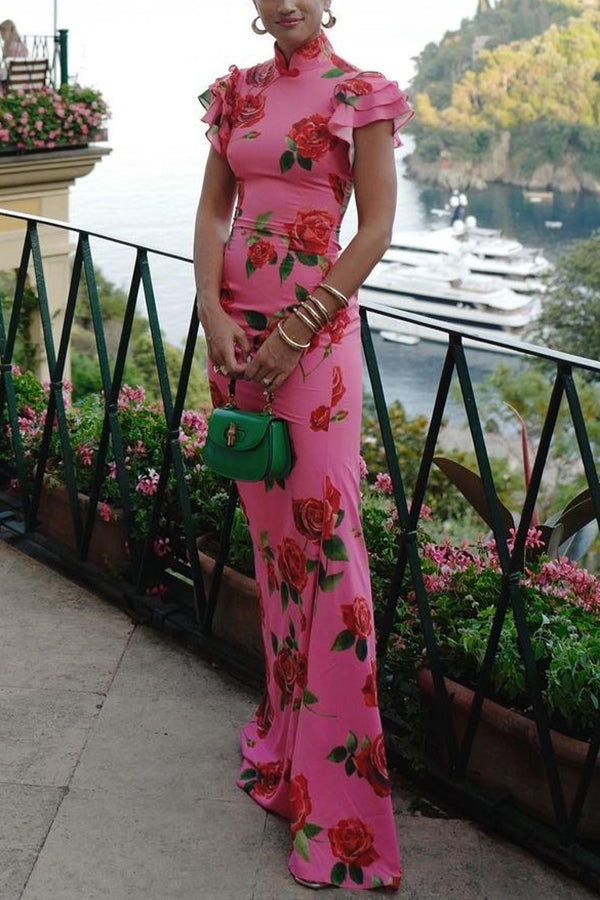 green emerald velvet dress Cheongsam Style Rose Floral Print Tiered Flare Sleeve Stretch Maxi Dr –  roschic