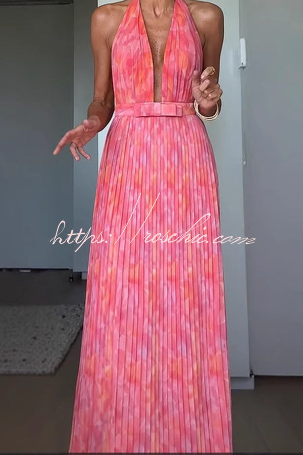 Unique Print Sexy Halter Neck Tie Pleated Vacation Maxi Dress