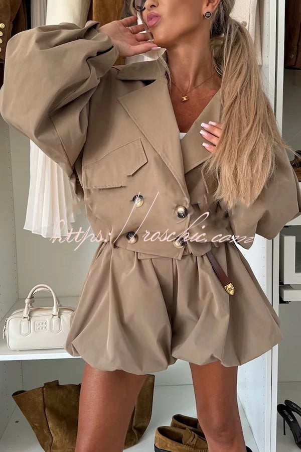 Fashion Style Button Long Balloon Sleeve Pocket Lapel Casual Bomber Jacket (Shipped Within 24 Hours)