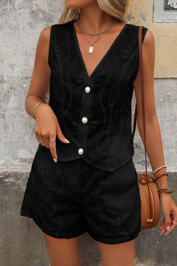 Solid Color Embroidered V-neck Button Casual Vest and Loose Pocket Shorts Set