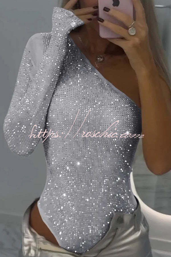 Solid Color Sequined One-shoulder Slim-fit Rompers