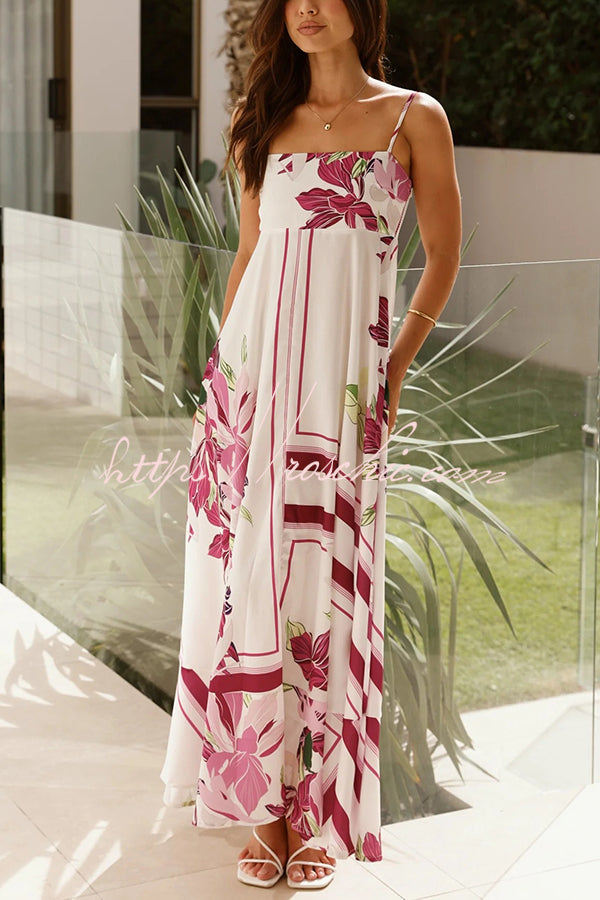 Botanical Print Halter Square Neck Pleated Loose Maxi Dress