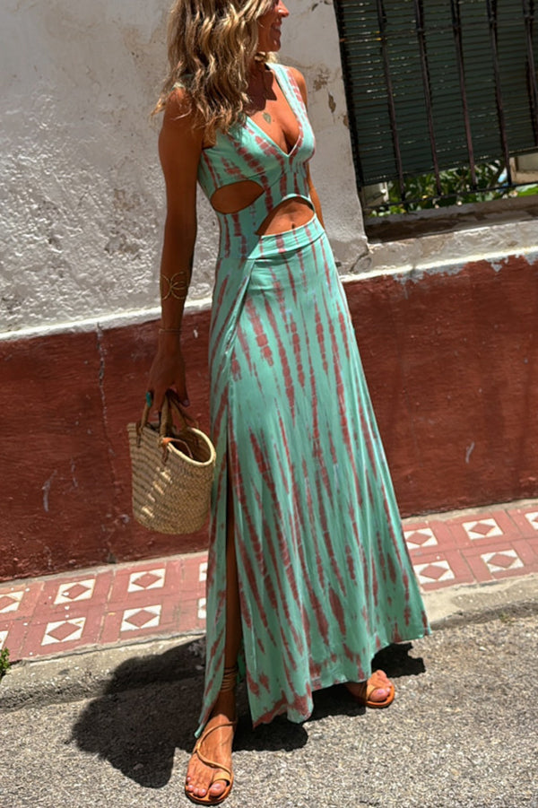 Sexy Vacation Geometric Print Slit Contrast V Neck Sleeveless Dresses Blue / XL