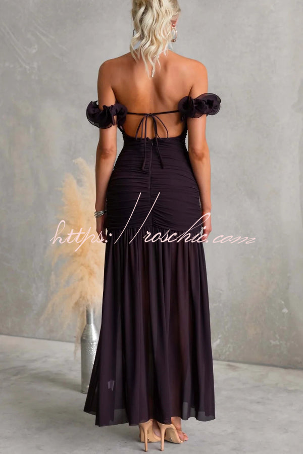 Solid Color Off-shoulder Pleated Backless Slim-fit Elegant Mesh Maxi –  roschic