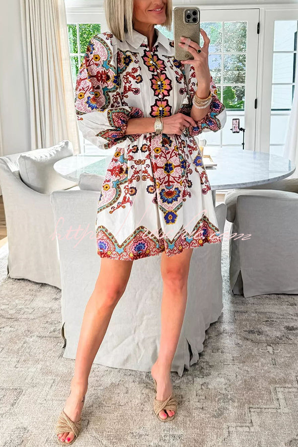 Fun and Vibrant Linen Blend Unique Print Puff Sleeve Pocketed Shirt Mini Dress