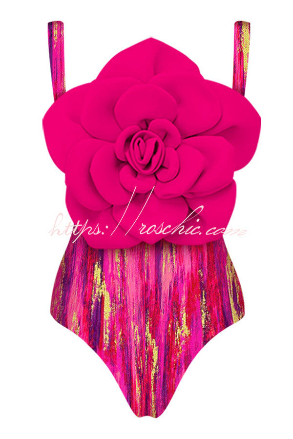 Fashionable Contrast Color Large Flower Stretch One-piece Swimsuit