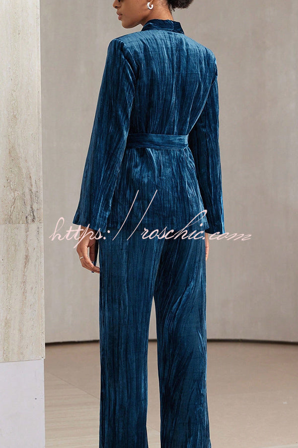 Solid Color Velvet Pleated Long-sleeved Tie Top and Casual Pocket Straight-leg Pants Set