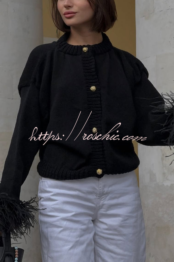 Solid Color Elegant Feather Long Sleeve Casual Knitted Cardigan
