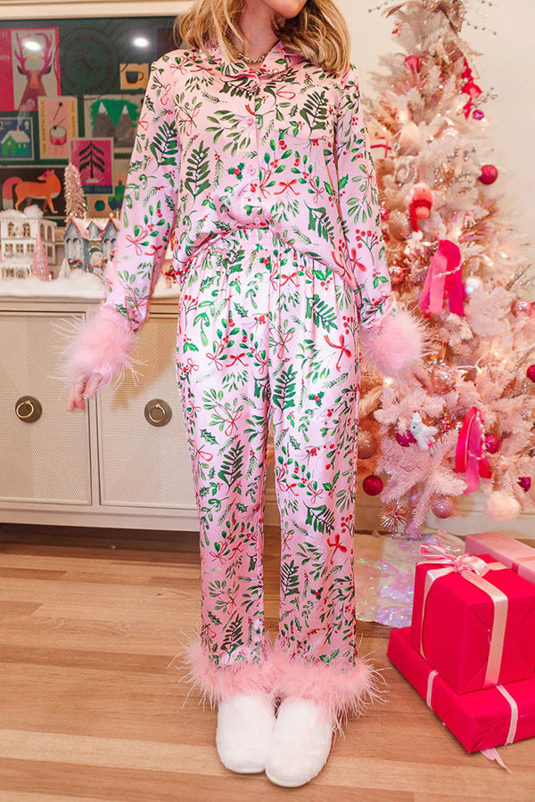 Iconic Holiday Printed Feather Trim Elastic Waist Pocketed Pajama Set –  roschic