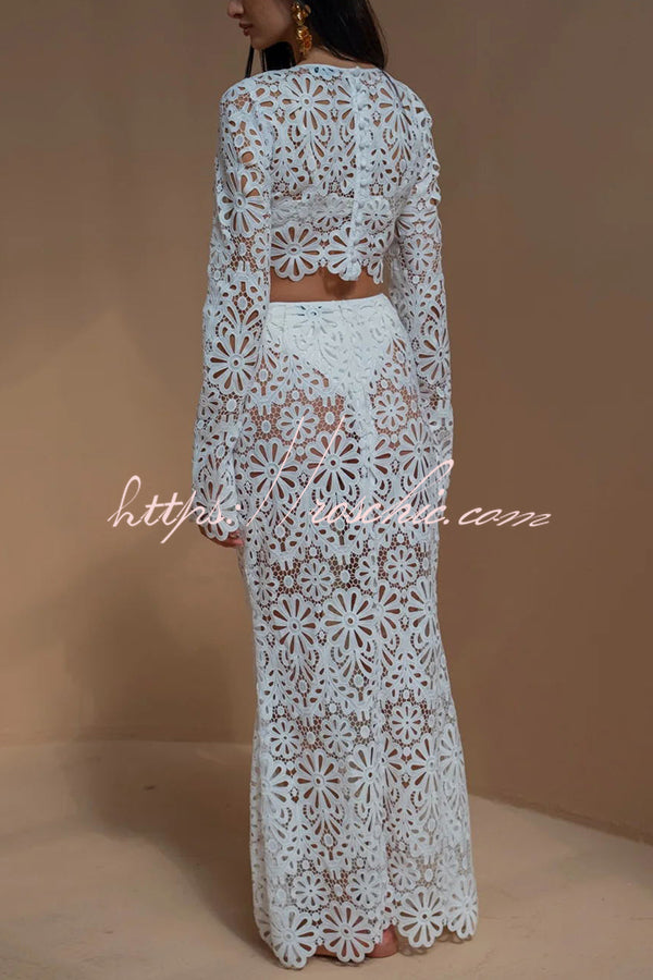 Balmy Summers Crochet Lace Floral Pattern Elastic Waist Fishtail Vacation Maxi Skirt