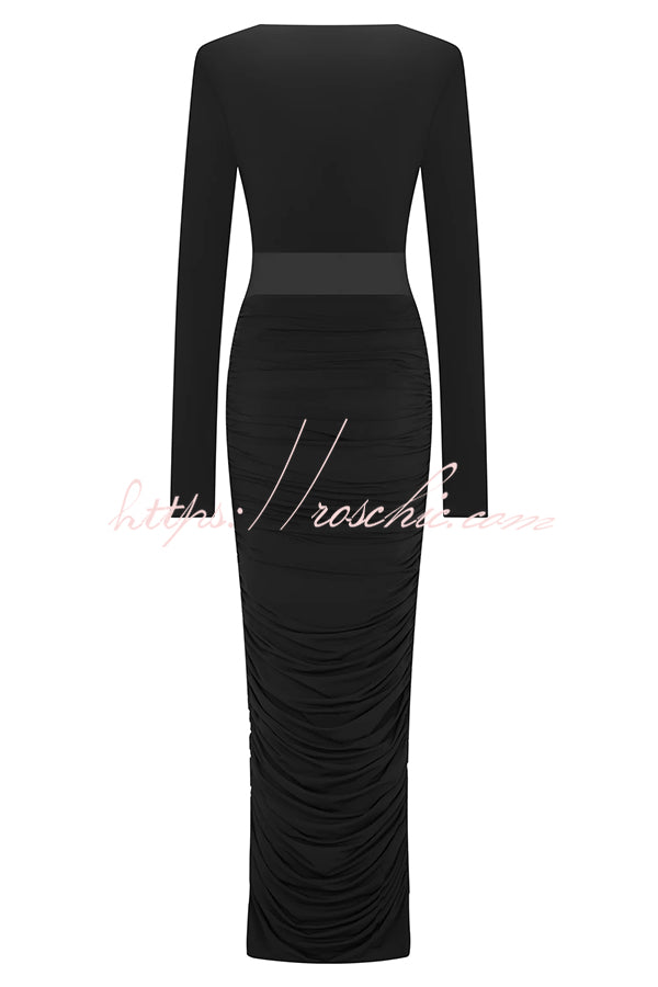 Sexy See-through Long-sleeved V-neck Pleated Slim-fit Maxi Dress