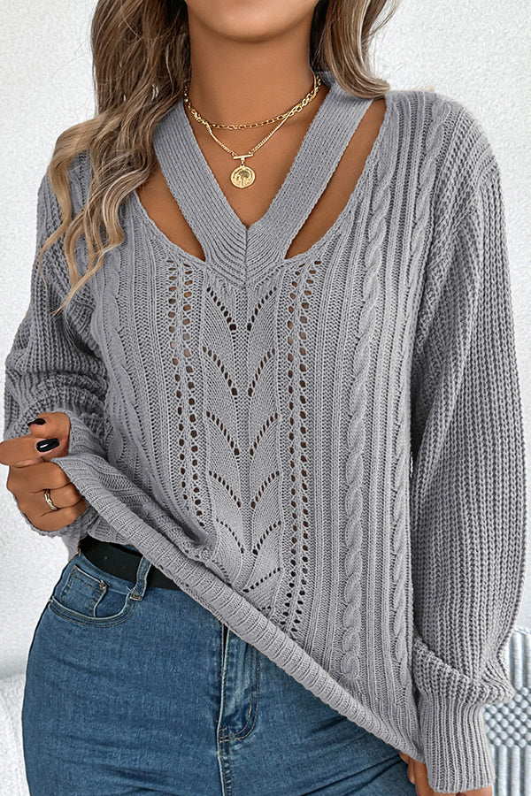 Casual Hollow V-neck Long-sleeved Knitted Sweater