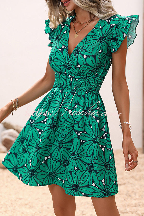 Wonderful Weekend Floral Print Ruffle Sleeve Elastic Waist Mini Dress