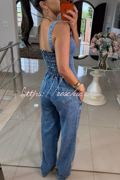 Heidi Denim Square Neck Button Back Smocked Pocket Flare Stretch