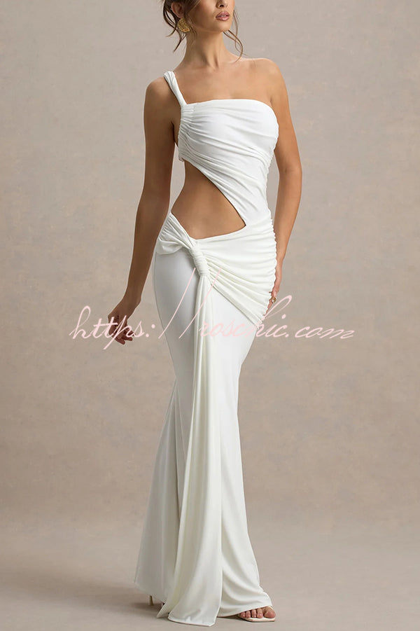 Sexy One-shoulder Backless Ribbon Pleated Slim Maxi Dress