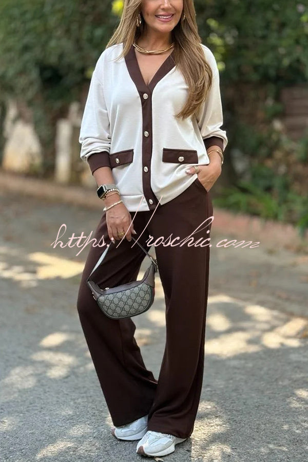 Stylish Color-blocked V-neck Knitted Button-down Cardigan and Elastic Waist Casual Wide-leg Pants Set