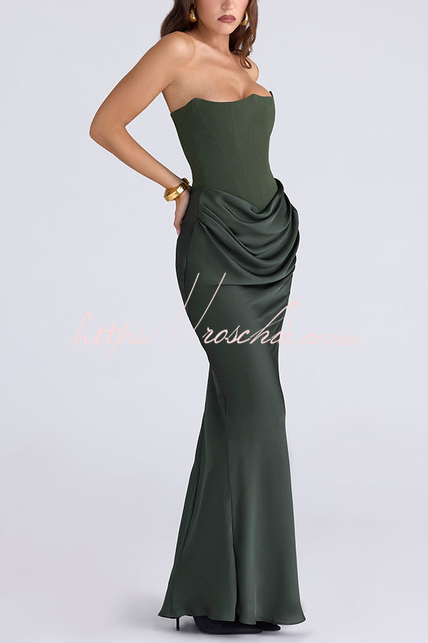 Attend The Gala Strapless Corset Satin Ruched Hip Drape Maxi Dress