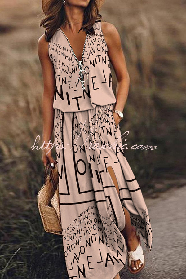 Fashion Modern Letter Print Zipper Neck Daily/Vacation Maxi Dress