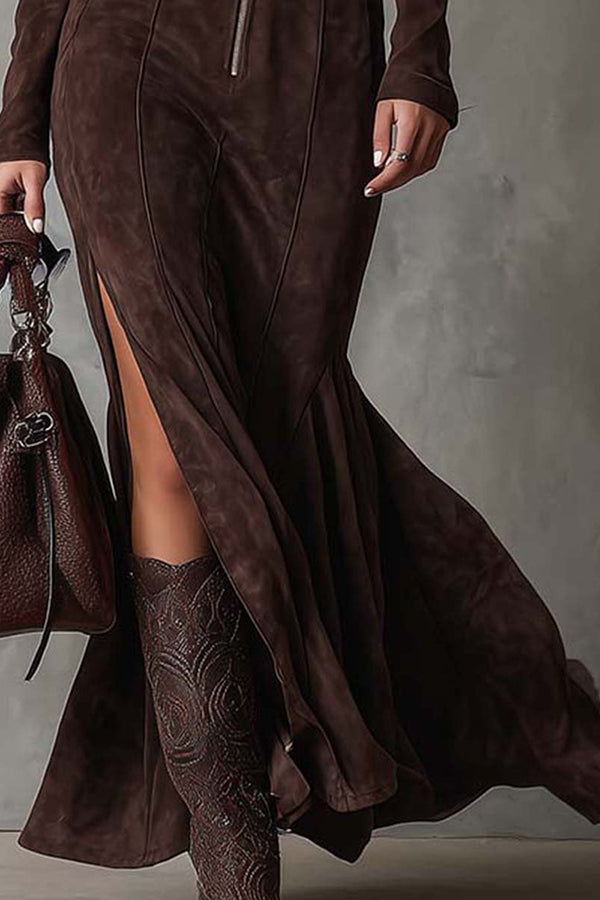 Fashion Long-sleeved Zippered Slim-fit Slit Maxi Dress