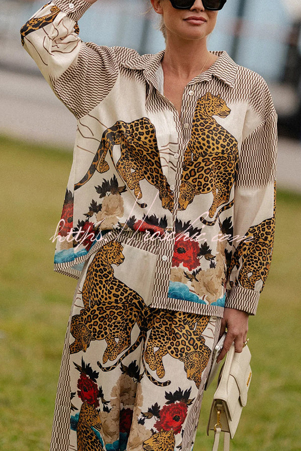 Exotic Leopard Flower Patchwork Print Button Down Oversized Blouse