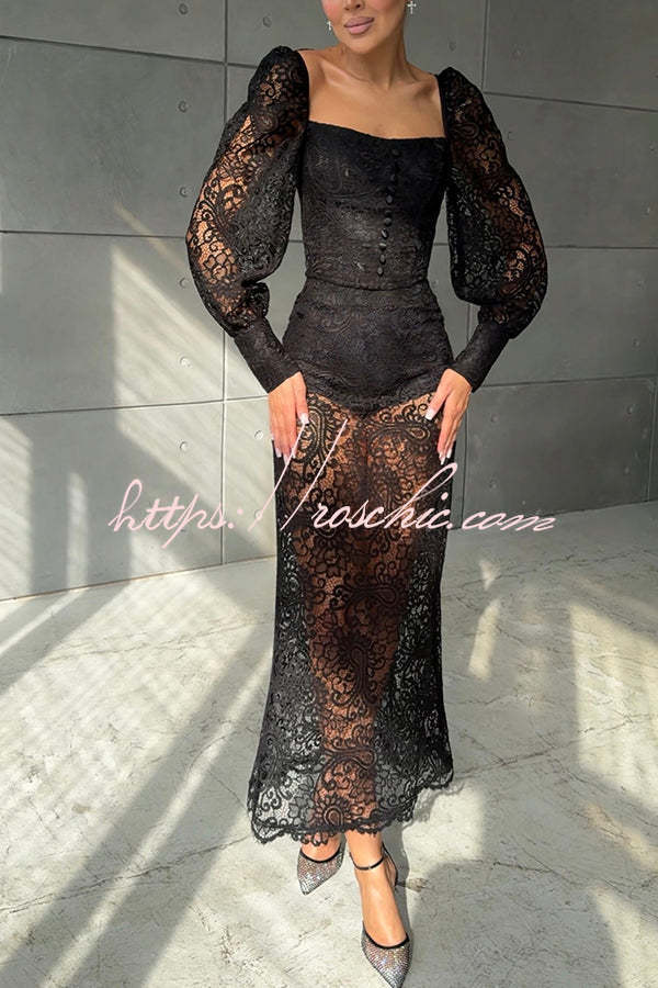 Timeless Moment Floral Lace Square Neck Button Up Balloon Sleeve Top