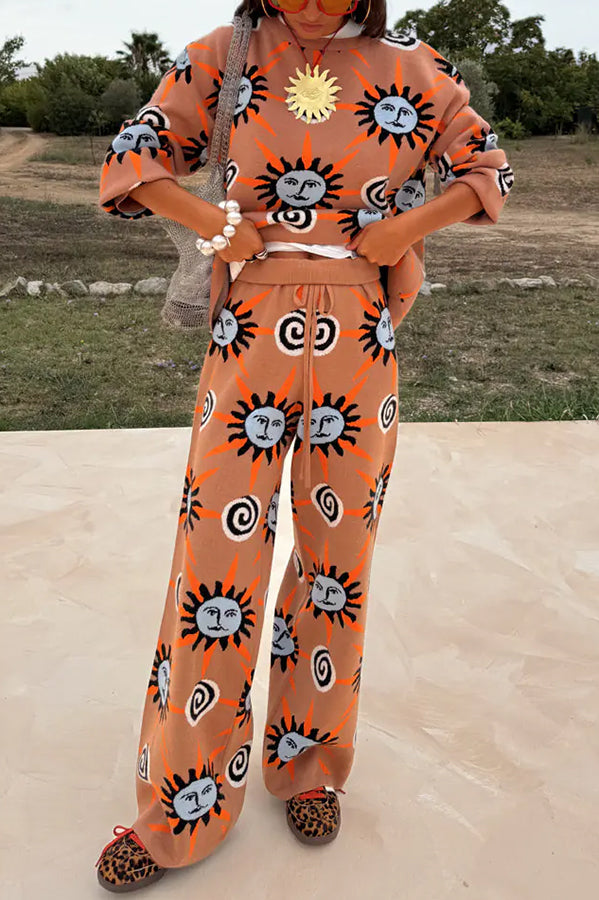 Mediterranean Art Knit Unique Sun Vortex Print Long Sleeve Relaxed Sweater