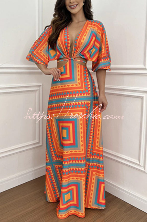 Wilma Unique Print Cutout Elastic Waist Tie-up Kimono Sleeve Maxi Dress