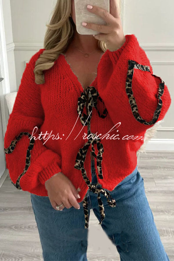 Fashionable Loose Long-sleeved Leopard Print Lace-up Knitted Sweater Cardigan