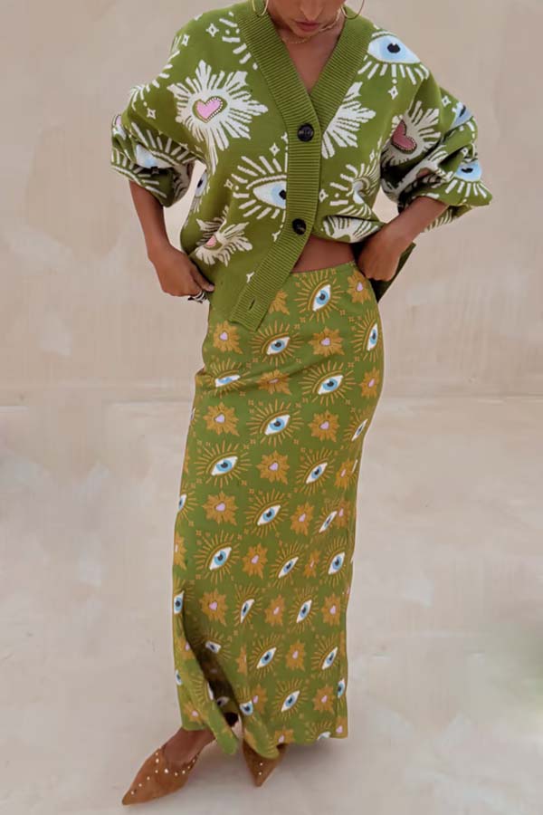 Mysterious Magic Satin Eye Heart Pattern Elastic Waist Drape Maxi Skirt