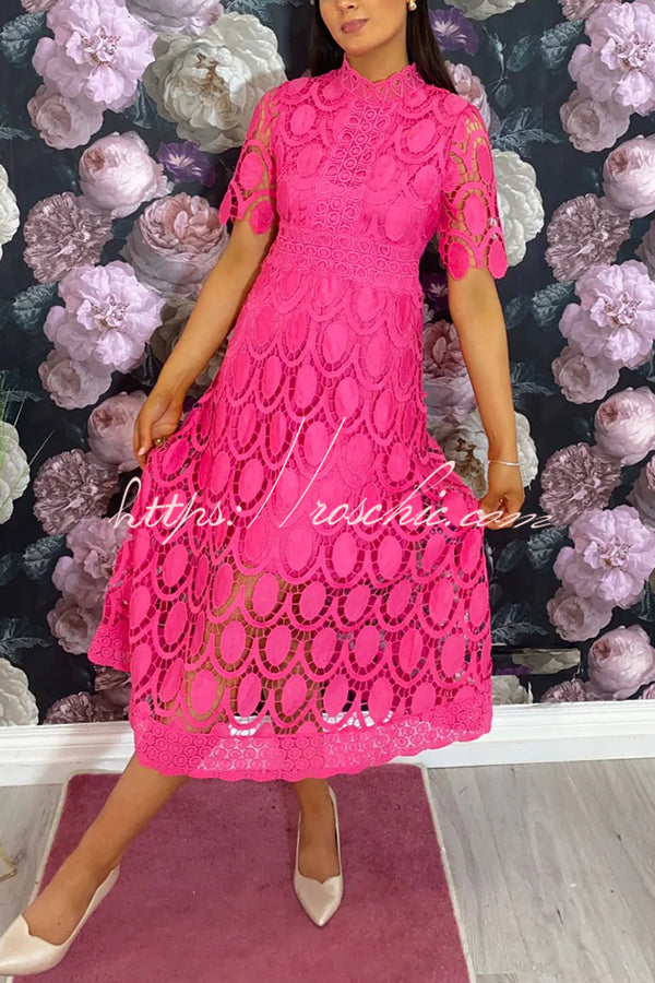 Elegant Crocheted Cutout Lace Short-sleeved Stand-collar Midi Dress