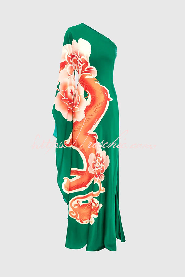 Elegance and Grace Satin Dragon Print One Shoulder Drape Sleeve Maxi Dress