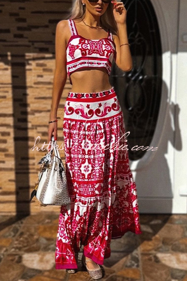 Unique Printed Sexy Sling Tank and Elastic Waist Large Hem Maxi Skirt Set