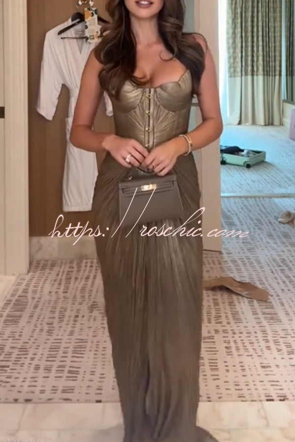 Vegas Queen Metallic Pleated Sculpted Bodice Back Lace-up Drape Maxi Dress