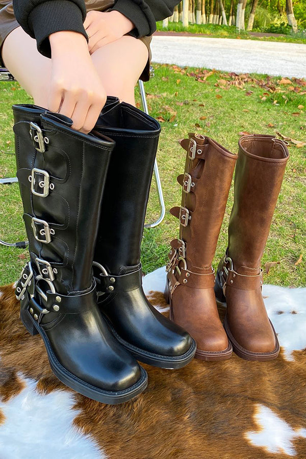 Vintage Belt Buckle Chunky Heeled Long Biker Boots
