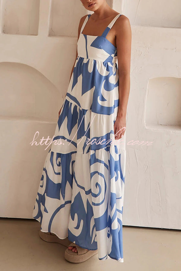 Bohemian Style Geometric Print Back Smocked Loose Maxi Dress