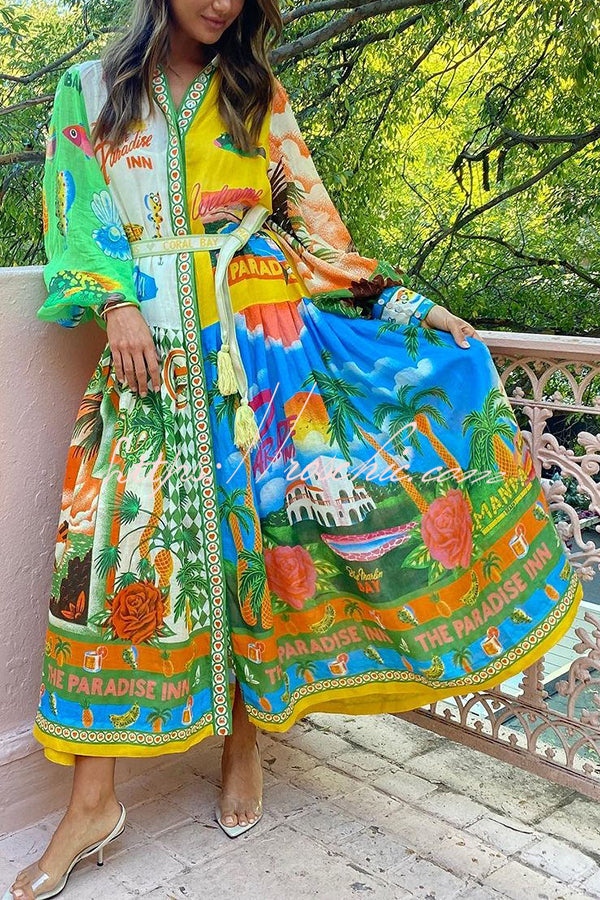 A World of Colour Unique Print Balloon Sleeve Belt Shirt Midi Dress